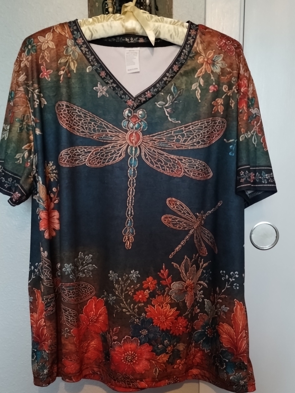 Floral Dragonfly V-Neck Shirt - Black & Multi